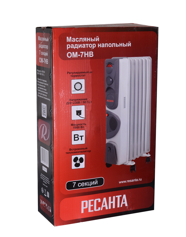 Масляный радиатор РЕСАНТА ОМ-7НВ с вентилятором купить по цене 5&nbsp;190 ₽ в интернет магазине ТЕХСАД