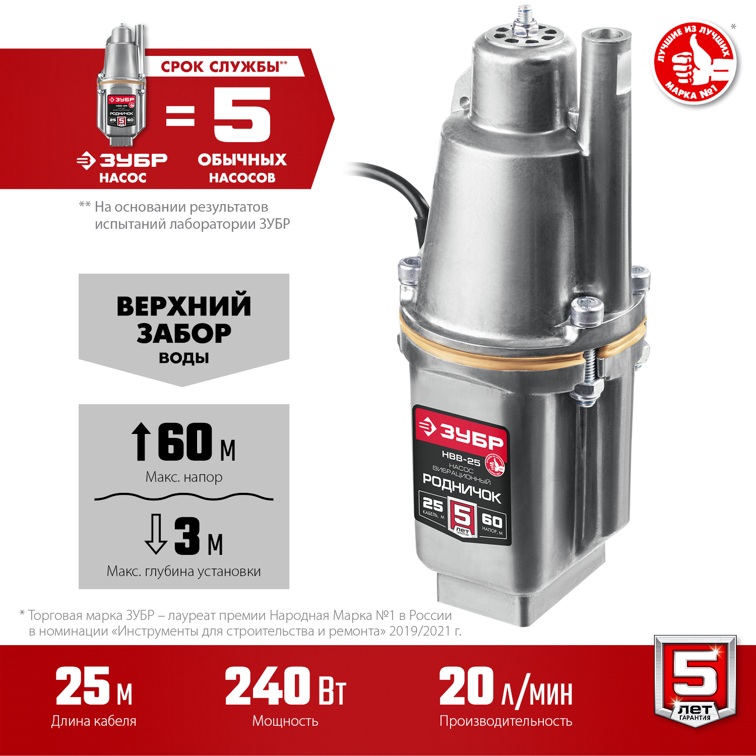 ЗУБР 25 м провод, с верхним забором воды, насос вибрационный Родничок-В НВВ-25 Мастер купить по цене 5 040 ₽ в интернет магазине ТЕХСАД