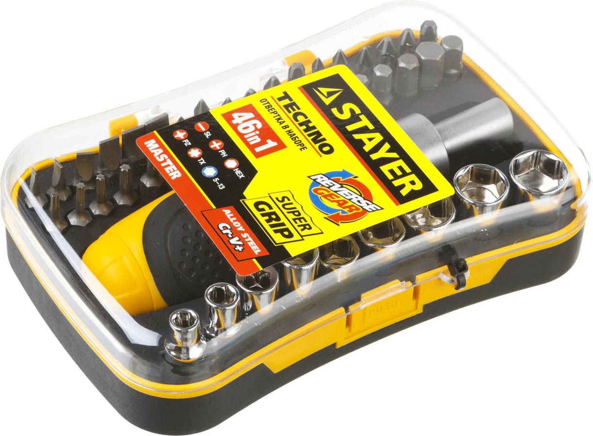 STAYER 46 шт., отвертка реверсивная в наборе с битами и торцевыми головками Hercules 25084-H46 купить по цене 1&nbsp;410 ₽ в интернет магазине ТЕХСАД