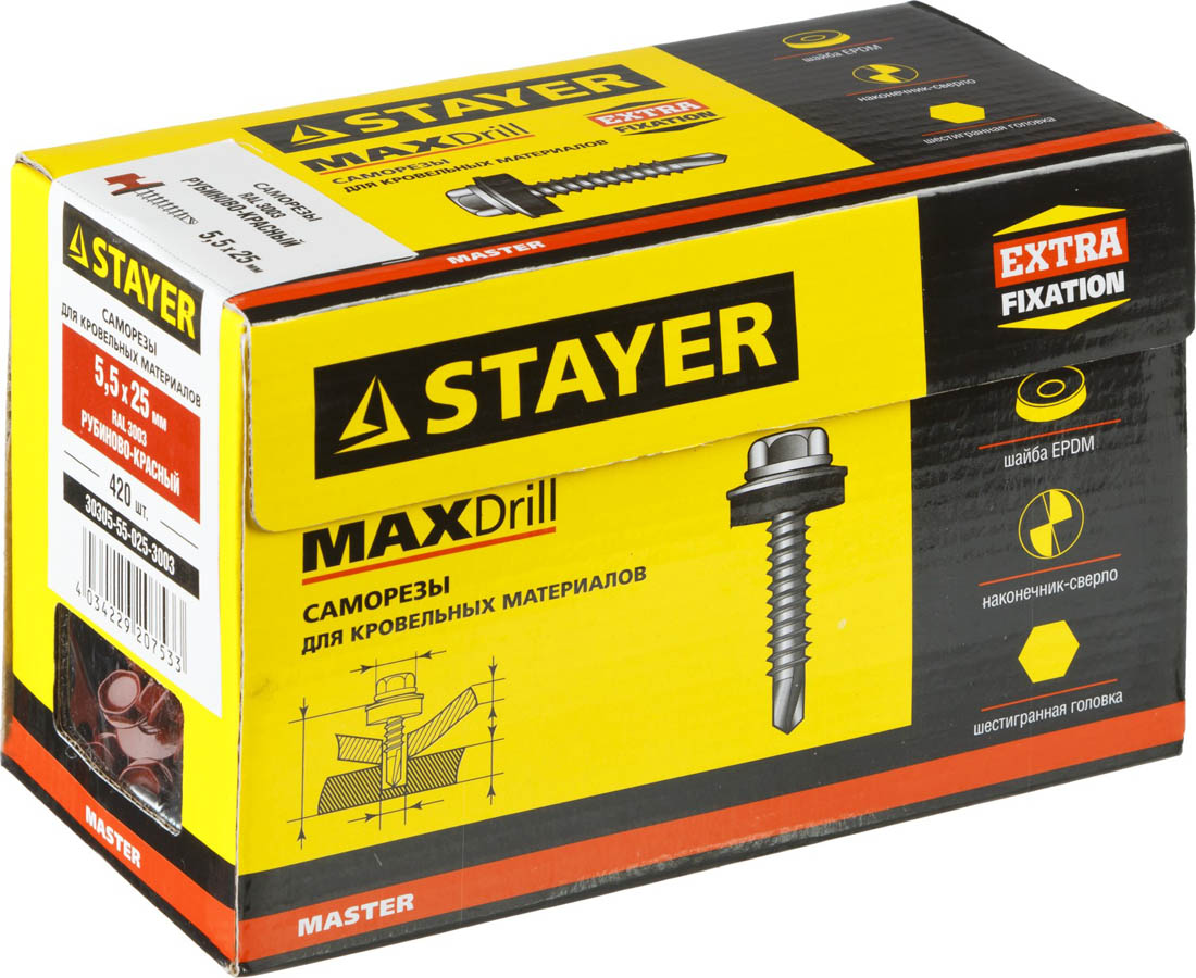 STAYER 25 x 5.5 мм, 420 шт., RAL 3003 рубиново-красный, саморезы СКМ кровельные для металлических конструкций 30305-55-025-3003 Master STAYER 25 x 5.5 мм, 420 шт., RAL 3003 рубиново-красный, саморезы СКМ кровельные для металлических конструкций 30305-55-025-3003 Master купить по цене 852 ₽ в интернет магазине ТЕХСАД