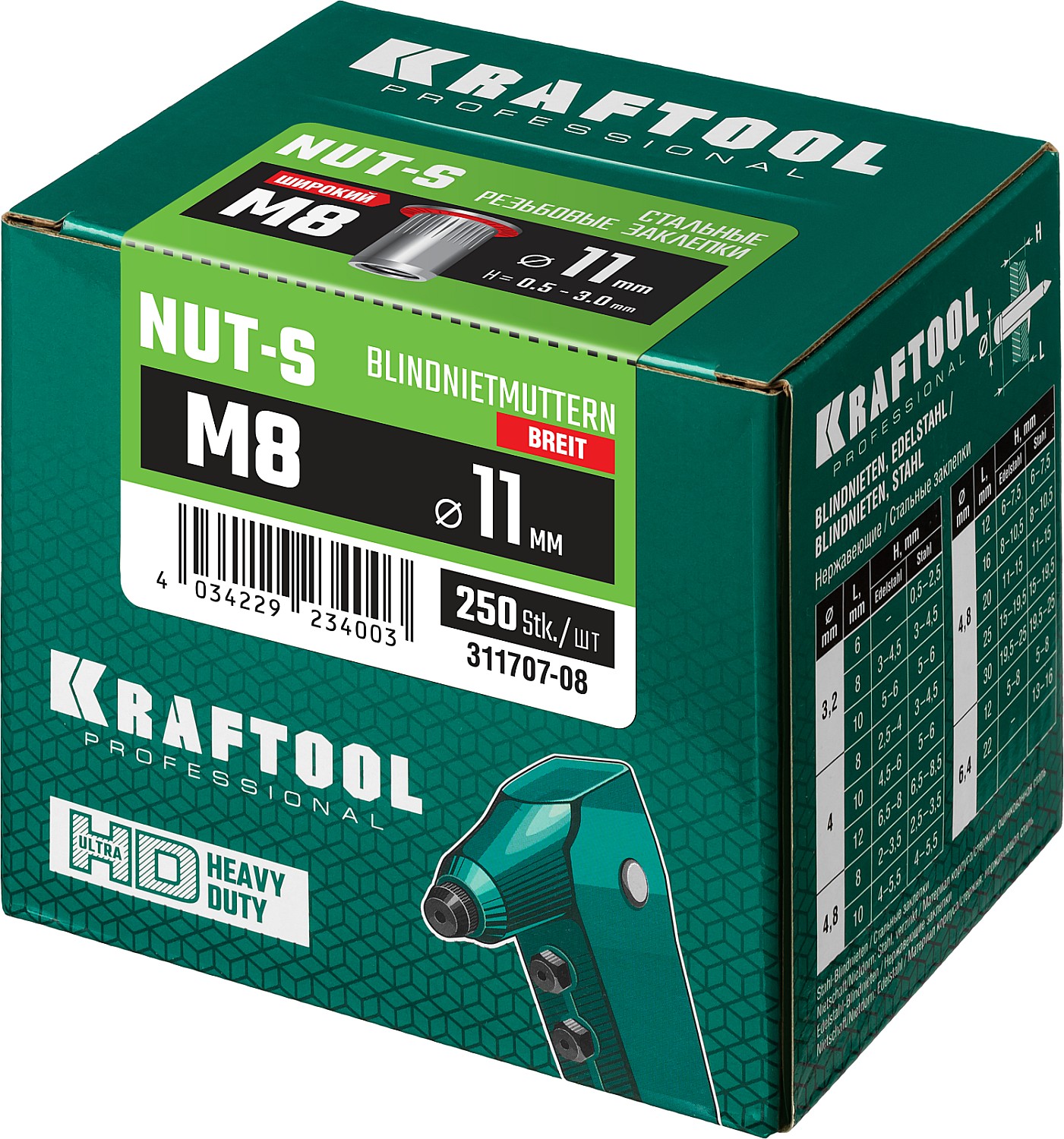 KRAFTOOL М8, 250 шт., стальные с насечками, резьбовые заклепки Nut-S 311707-08 купить по цене 3 080 ₽ в интернет магазине ТЕХСАД