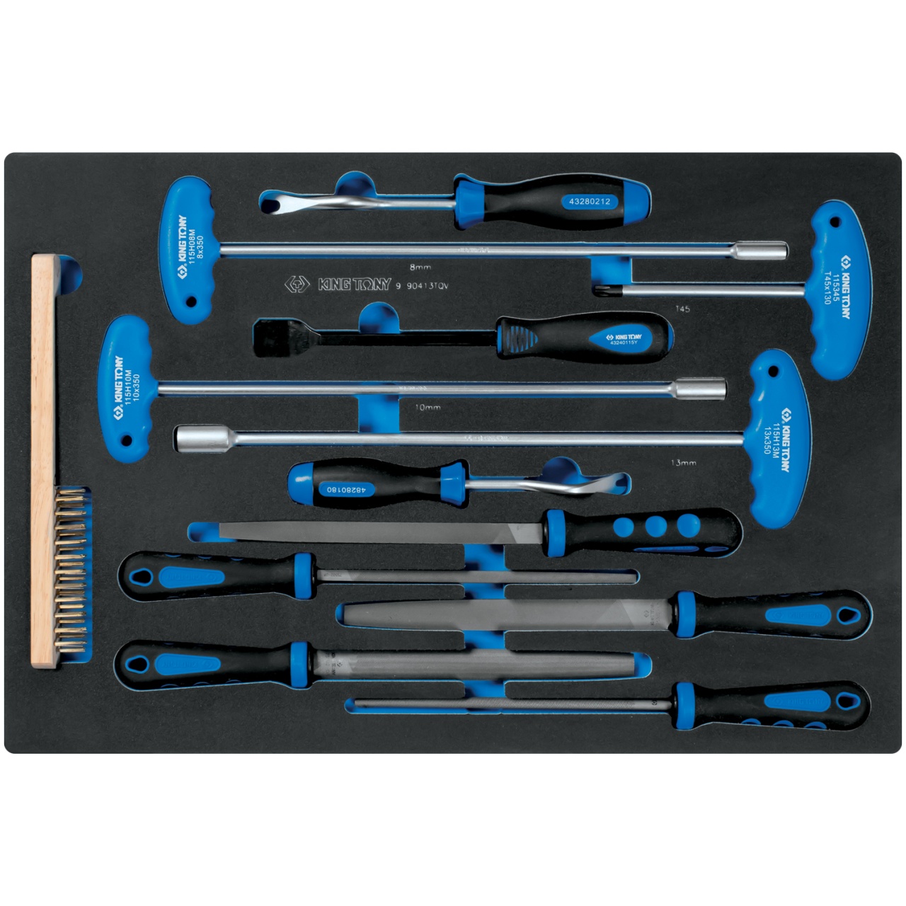 Набор напильников, ключей торцевых Т-типа, съемники клипс и металлическая щетка, ложемент, 13 предметов KING TONY 9-90413TQV купить по цене 13 650 ₽ в интернет магазине ТЕХСАД