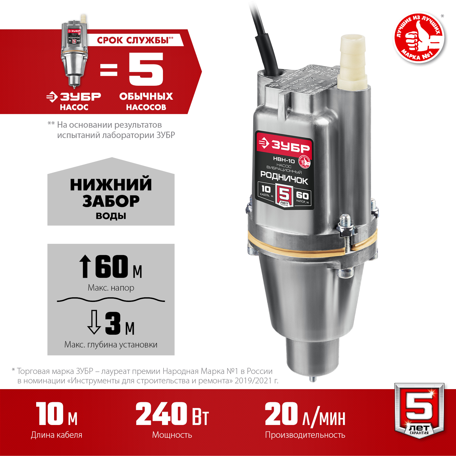 ЗУБР 10 м провод, с нижним забором воды, насос вибрационный Родничок-Н НВН-10 Мастер купить по цене 4 760 ₽ в интернет магазине ТЕХСАД