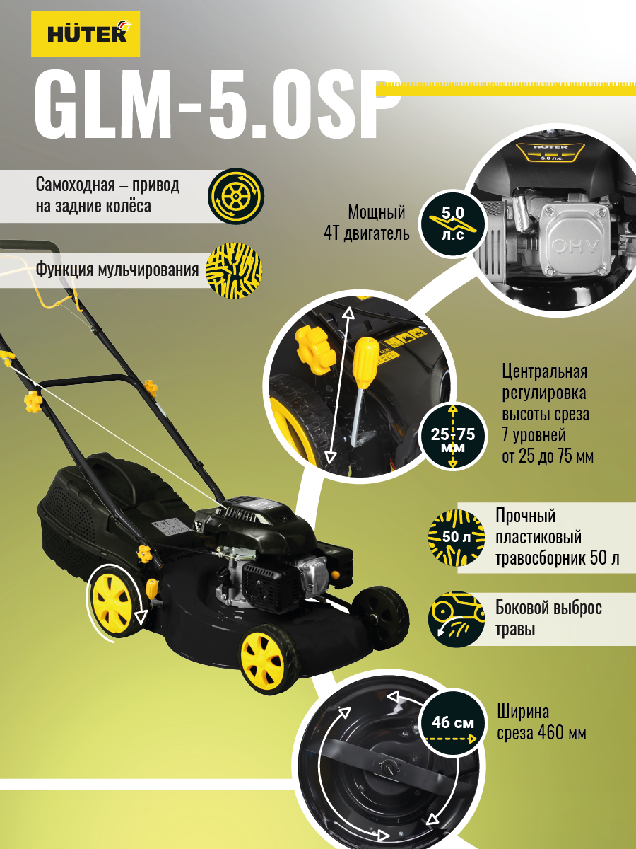 Газонокосилка бензиновая HUTER GLM-5.0 SP купить по цене 27&nbsp;261 ₽ в интернет магазине ТЕХСАД