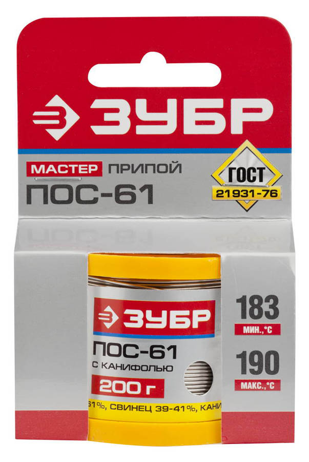 ЗУБР 200 г, ПОС 61, трубка с канифолью, 1 мм, припой 55450-200-10C купить по цене 1 850 ₽ в интернет магазине ТЕХСАД
