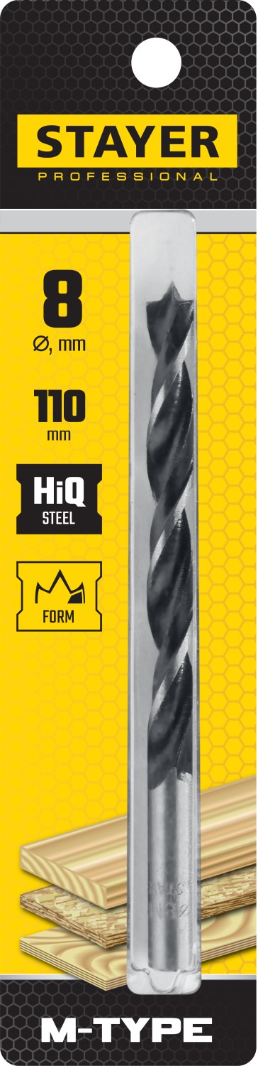 STAYER d=8 х 110/80 мм, М-образная заточка, сталь HCS, спиральное сверло по дереву ''M-type'' 2942-110-08_z02 купить по цене 78 ₽ в интернет магазине ТЕХСАД