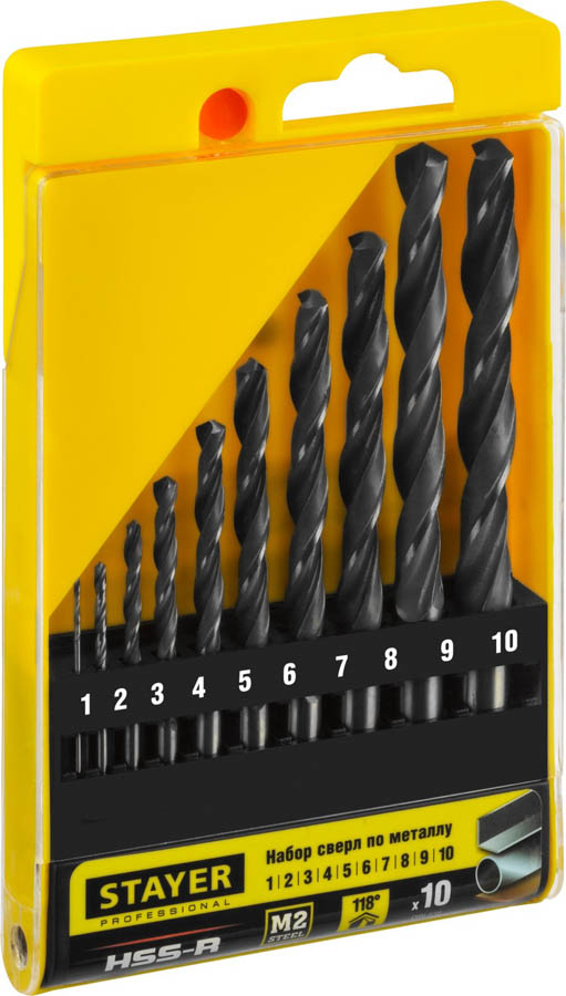 STAYER 10 шт. (Ø 1-10 мм), HSS-R, набор сверл спиральных по металлу 29602-H10_z01 купить по цене 1 390 ₽ в интернет магазине ТЕХСАД