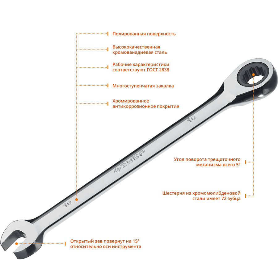 ЗУБР 10 мм, комбинированный гаечный ключ трещоточный 27074-10_z01 купить по цене 530 ₽ в интернет магазине ТЕХСАД