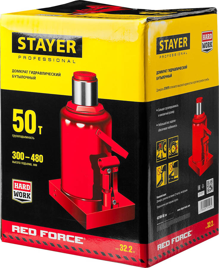 STAYER 50 т, 300-480 мм, домкрат бутылочный гидравлический RED FORCE 43160-50_z01 Professional купить по цене 12&nbsp;700 ₽ в интернет магазине ТЕХСАД