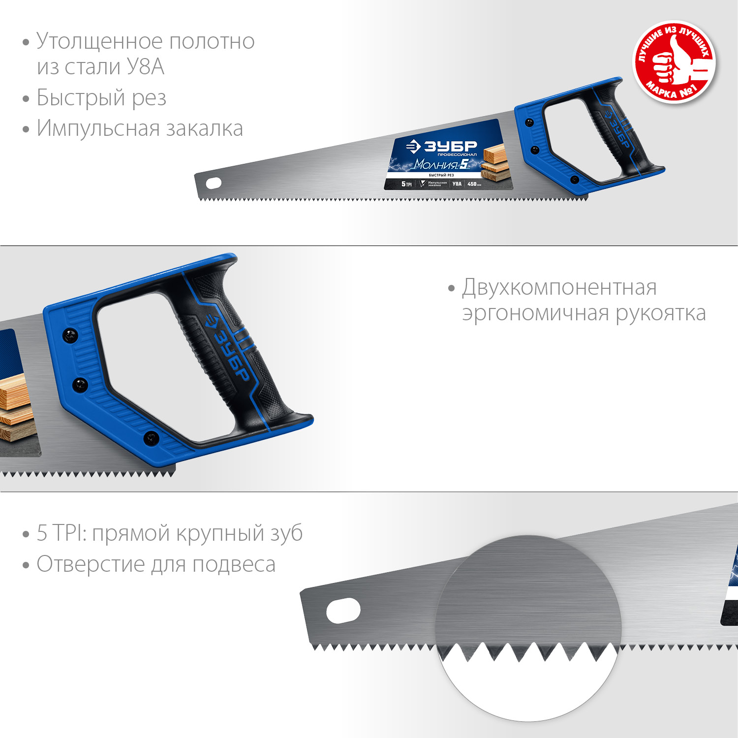ЗУБР 5 TPI, 450 мм, ножовка по дереву (пила) МОЛНИЯ 5 15075-45_z02 Профессионал купить по цене 790 ₽ в интернет магазине ТЕХСАД