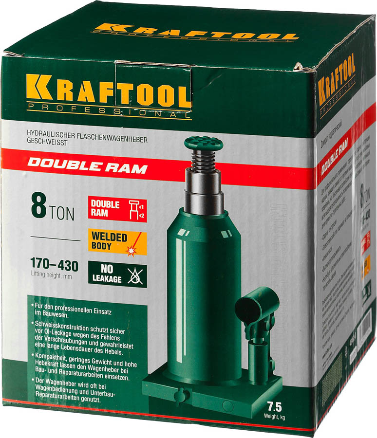 KRAFTOOL 8 т, 170-430 мм, домкрат гидравлический бутылочный сварной телескопический Double Ram 43463-8 купить по цене 7&nbsp;560 ₽ в интернет магазине ТЕХСАД