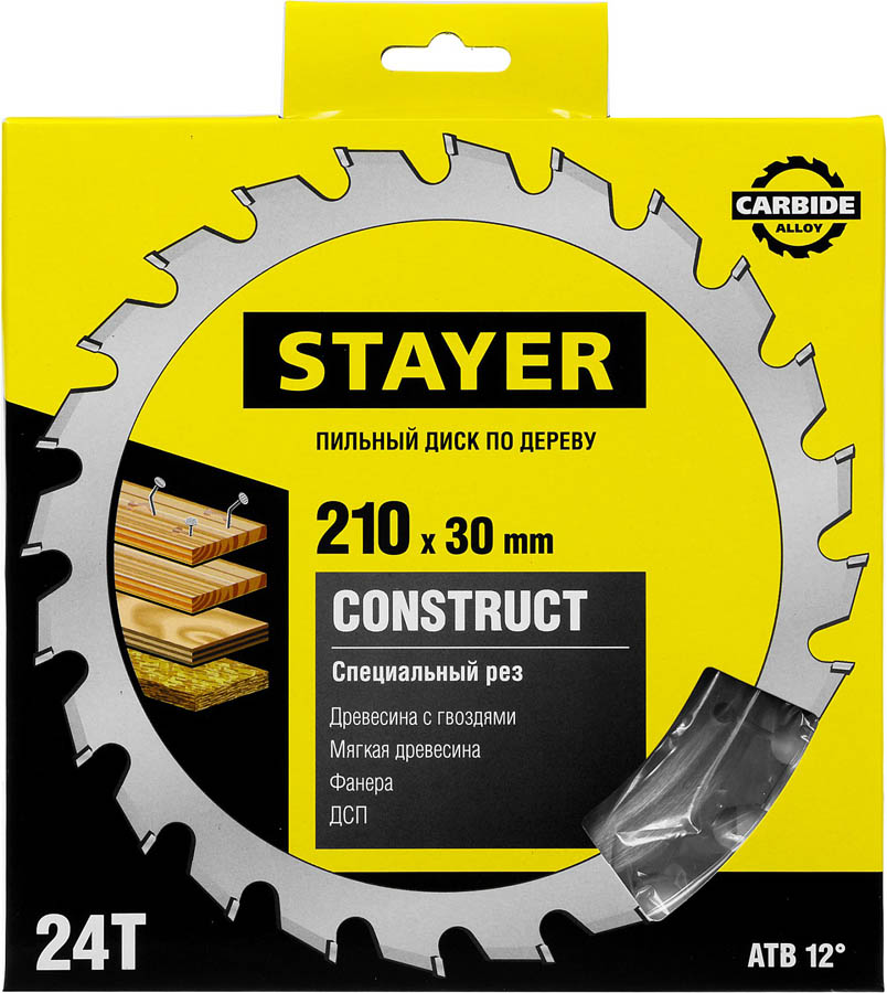 STAYER Ø 210 x 30 мм, 24T, пильный диск по дереву с гвоздями 3683-210-30-24 купить по цене 581 ₽ в интернет магазине ТЕХСАД