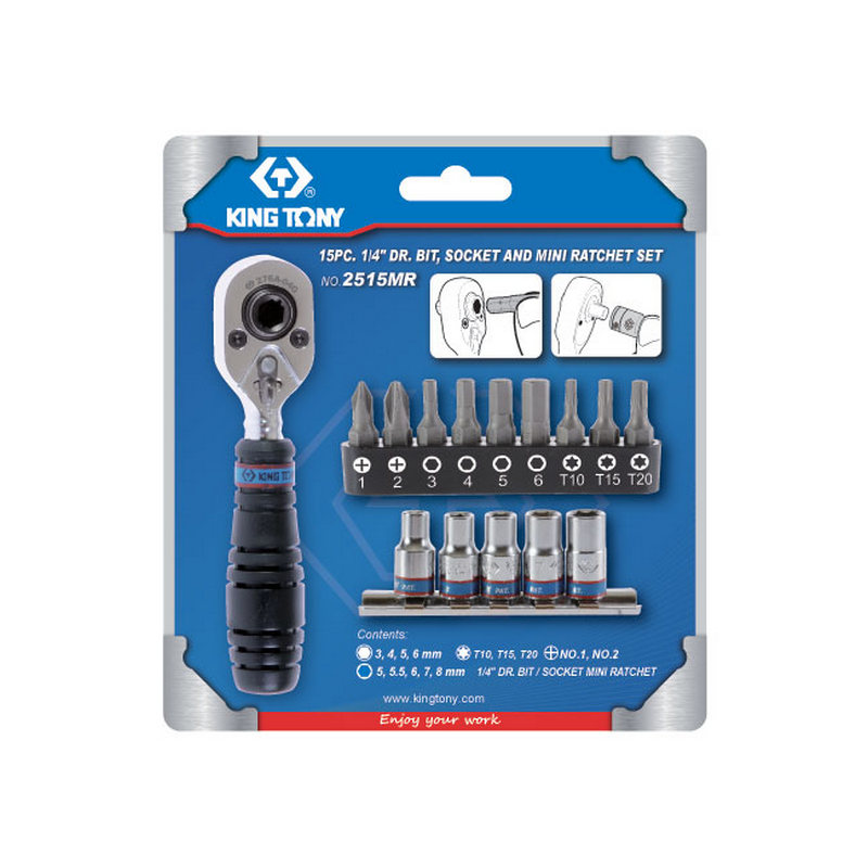 Набор вставок (бит) и головок с трещоткой 1/4'', Torx, Hex, PH, 15 предметов KING TONY 2515MR купить по цене 2 270 ₽ в интернет магазине ТЕХСАД