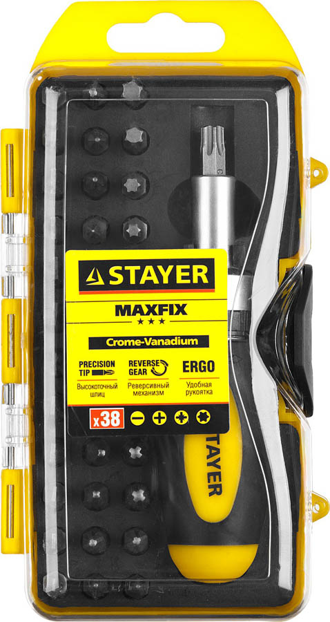 STAYER 38 шт., отвертка реверсивная с битами MAXFIX 2557-H38 купить по цене 630 ₽ в интернет магазине ТЕХСАД