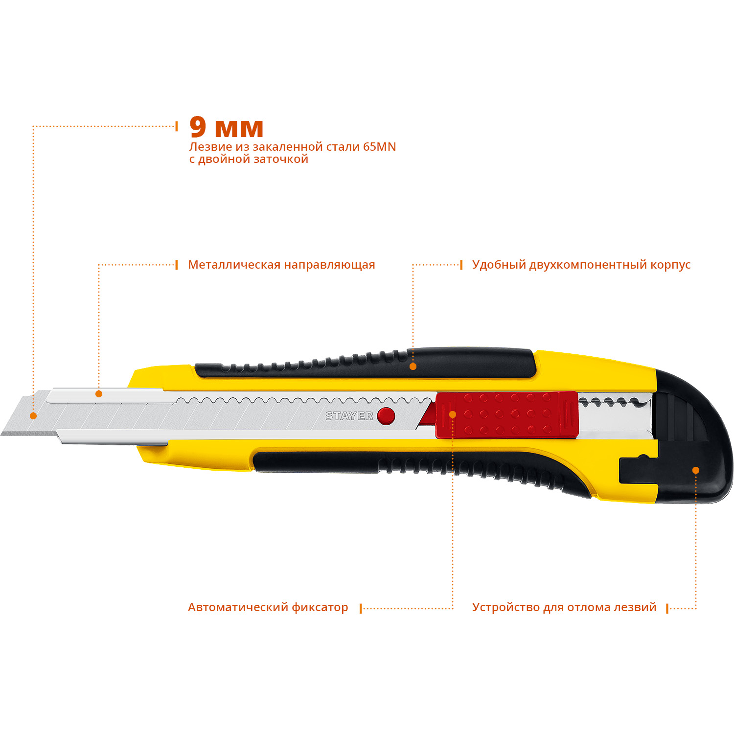 STAYER 9 мм, сегментированное лезвие, автостоп, нож HERCULES-9 0903_z01 купить по цене 173 ₽ в интернет магазине ТЕХСАД