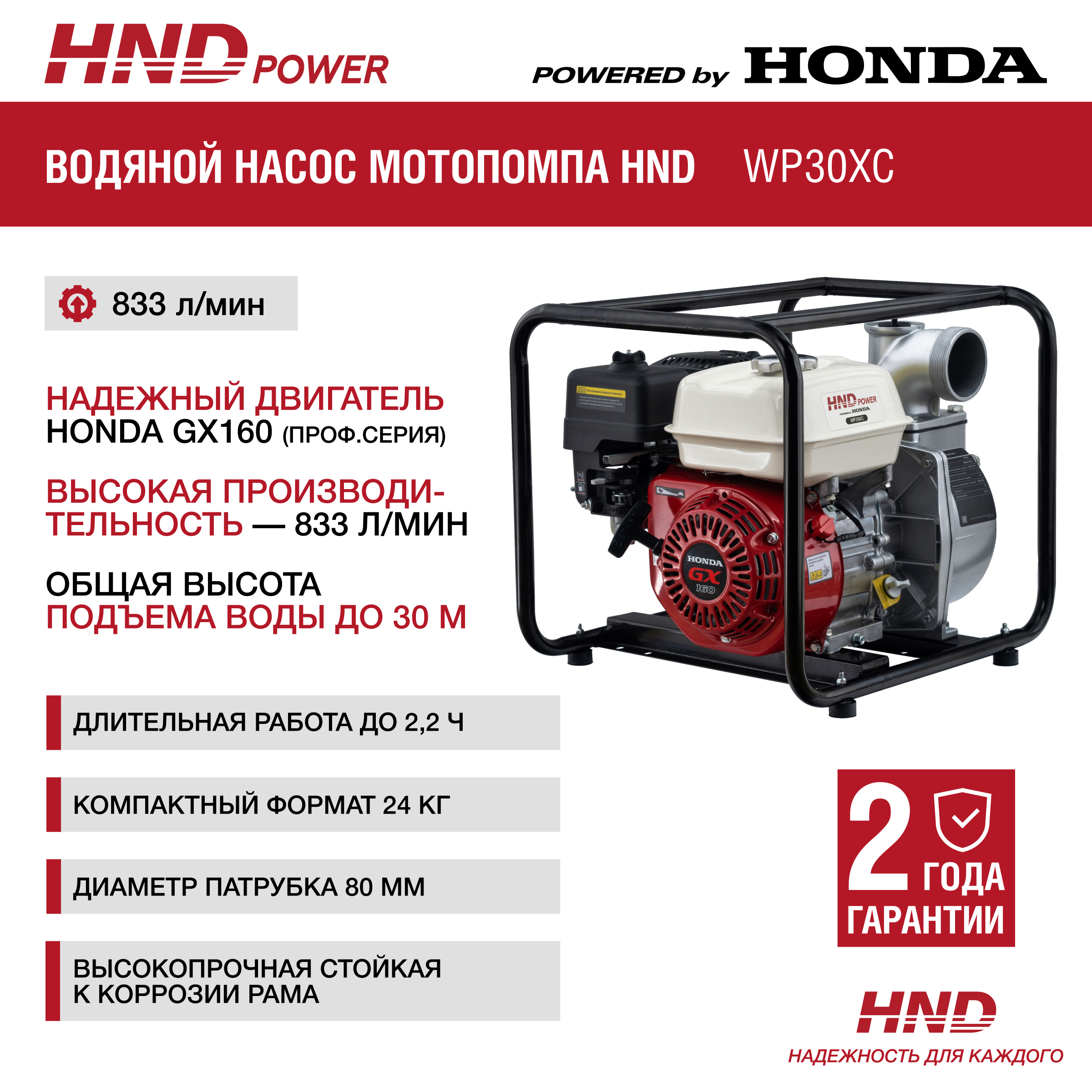 Мотопомпа HND WP30XC (с двигателем Honda) купить по цене 43 900 ₽ в интернет магазине ТЕХСАД