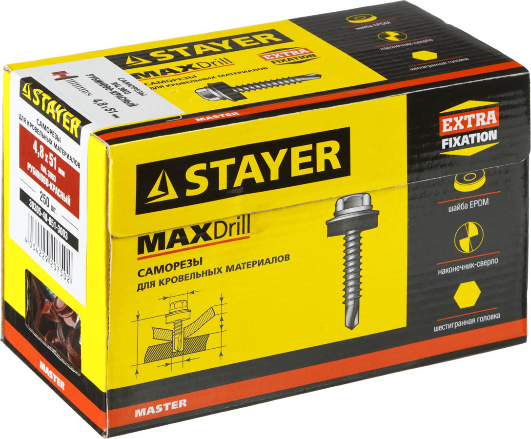 STAYER 51 х 4.8 мм, 250 шт., RAL 3003 рубиново-красный, саморезы СКД кровельные для деревянной обрешетки 30305-48-051-3003 Master STAYER 51 х 4.8 мм, 250 шт., RAL 3003 рубиново-красный, саморезы СКД кровельные для деревянной обрешетки 30305-48-051-3003 Master купить по цене 525 ₽ в интернет магазине ТЕХСАД