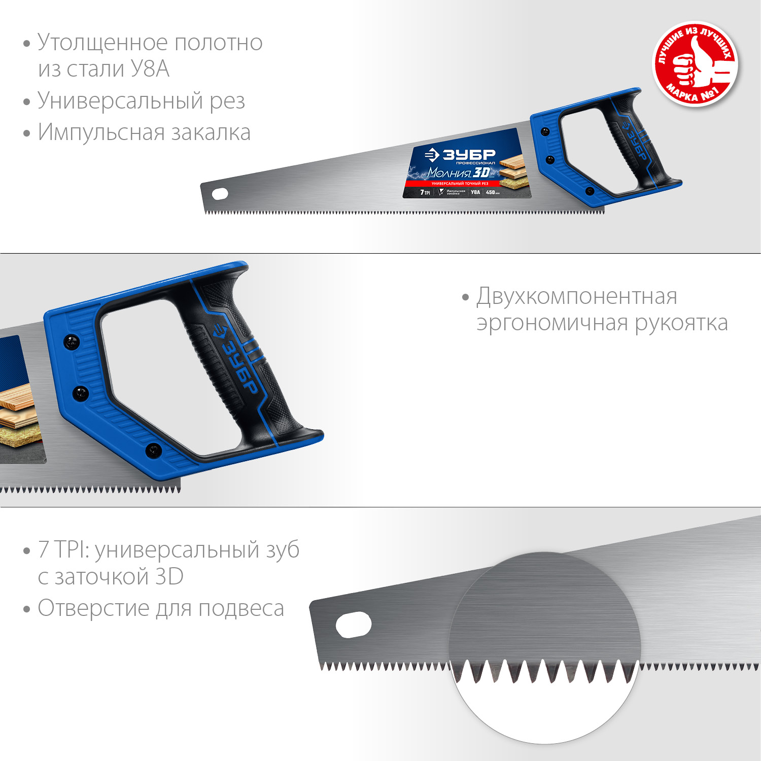 ЗУБР 7 TPI, 450 мм, ножовка универсальная (пила) МОЛНИЯ 3D 15077-45_z01 Профессионал купить по цене 1 060 ₽ в интернет магазине ТЕХСАД