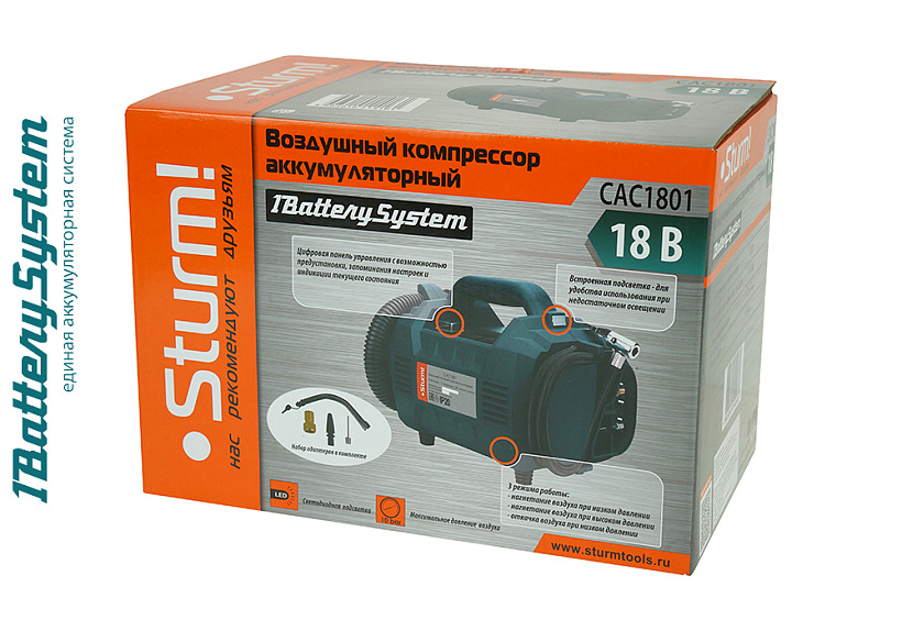 Аккумуляторный компрессор Sturm! CAC1801 1BatterySystem купить по цене 4 990 ₽ в интернет магазине ТЕХСАД