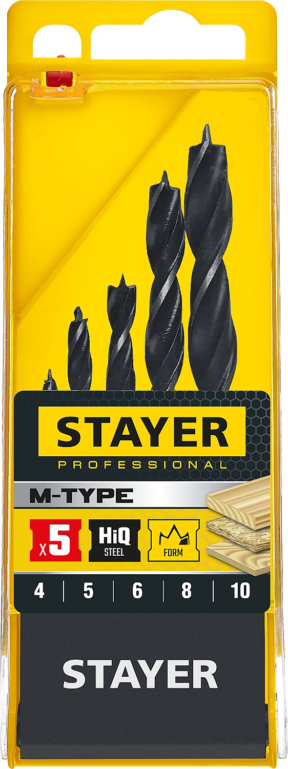 STAYER 5 шт., Ø 4-5-6-8-10 мм, набор спиральных сверл по дереву ''M-type'' 2942-H5_z02 Professional купить по цене 350 ₽ в интернет магазине ТЕХСАД