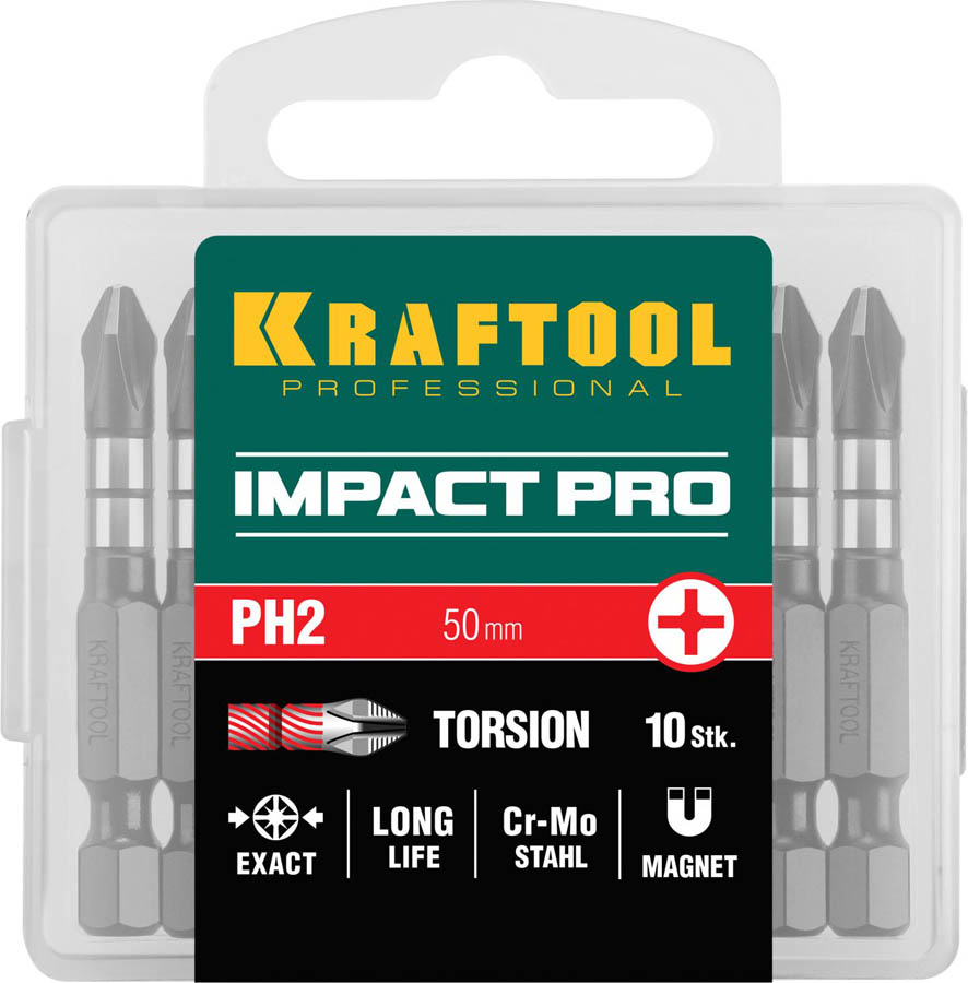 KRAFTOOL PH2, 50 мм, 10 шт., Cr-Mo сталь, набор бит Impact Pro Philips 26191-2-50-S10 купить по цене 1 050 ₽ в интернет магазине ТЕХСАД