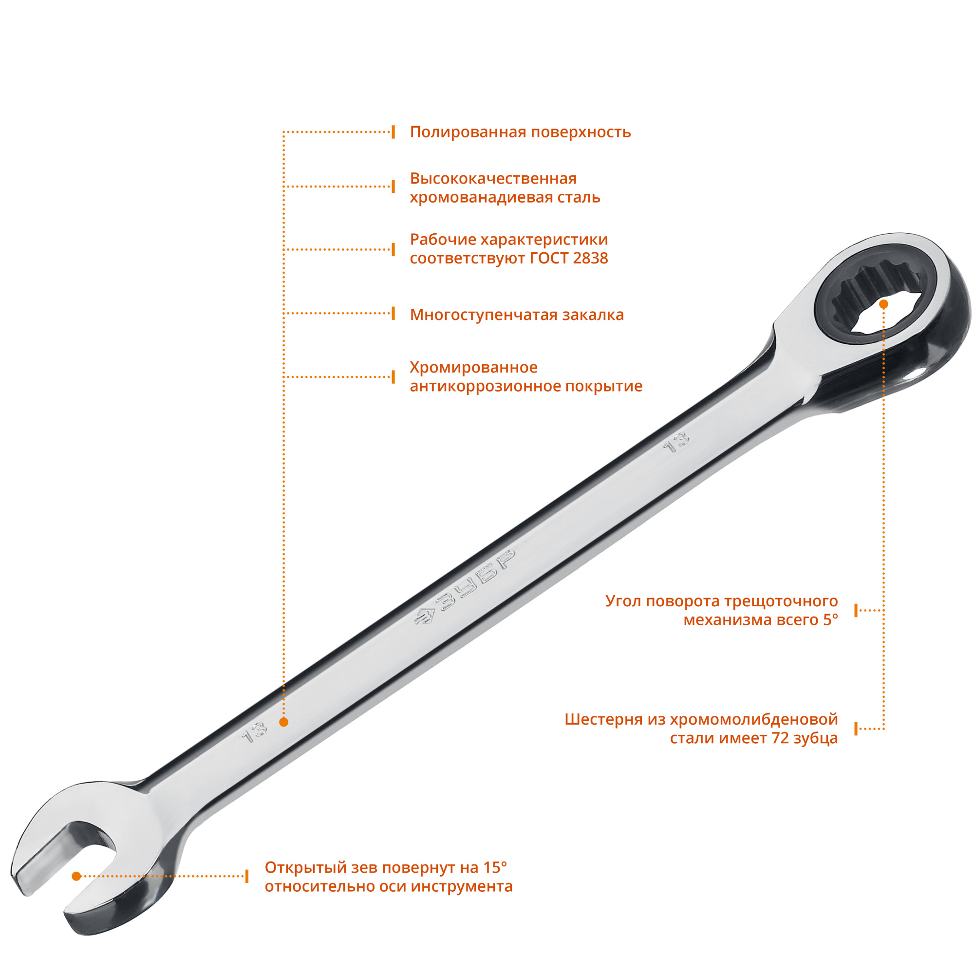 ЗУБР 13 мм, комбинированный гаечный ключ трещоточный 27074-13_z01 купить по цене 630 ₽ в интернет магазине ТЕХСАД