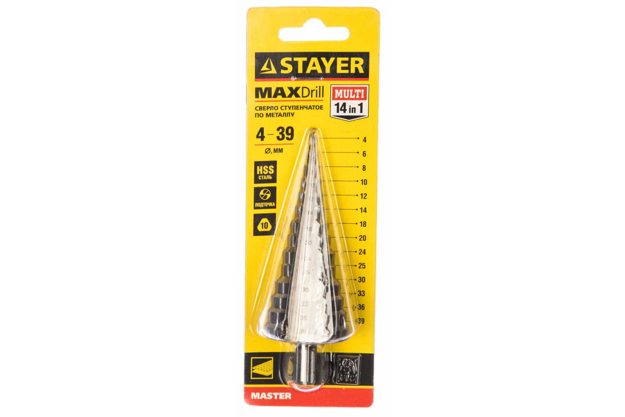 STAYER  4-39 мм, 14 ступеней, HSS, сверло ступенчатое 29660-4-39-14 купить по цене 2 440 ₽ в интернет магазине ТЕХСАД